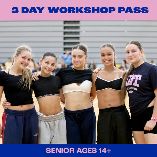 Five young women posing together with promotional text for a 3-day workshop pass.